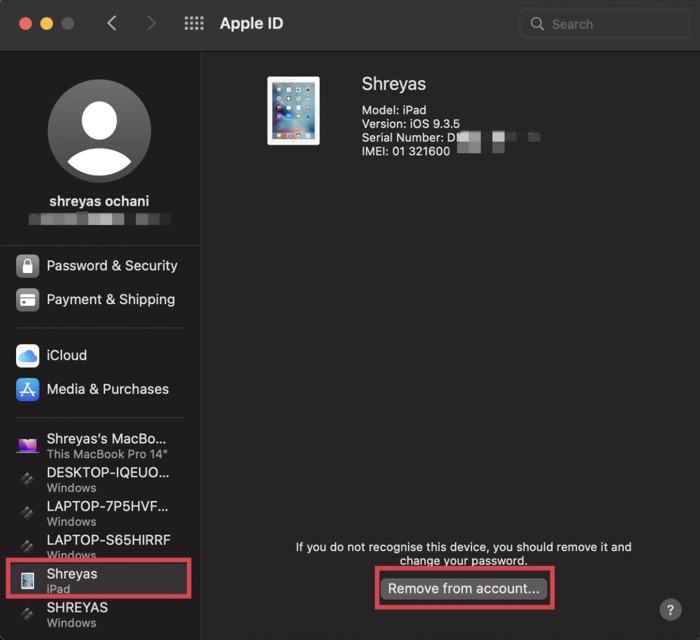 MacでデバイスをApple IDから削除する操作のスクリーンショット