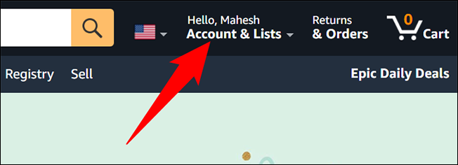 Меню Аккаунт и списки на Amazon