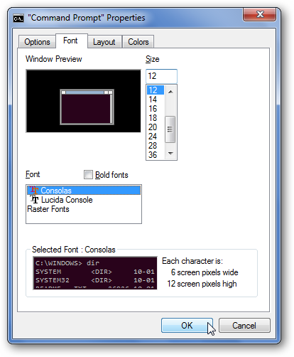 Выбор шрифта в свойствах Командной строки
