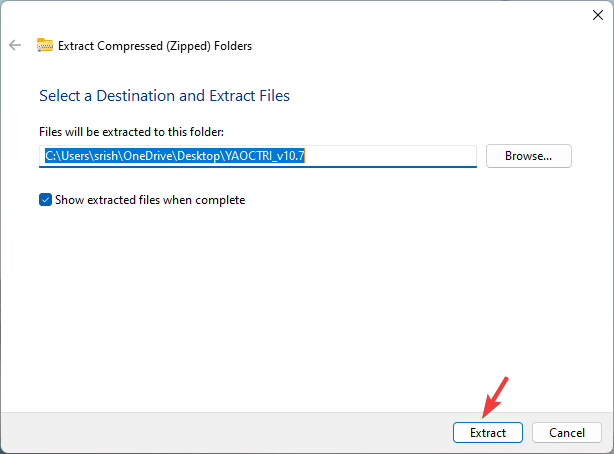 Кнопка Извлечь в окне распаковки архива YAOCTRI