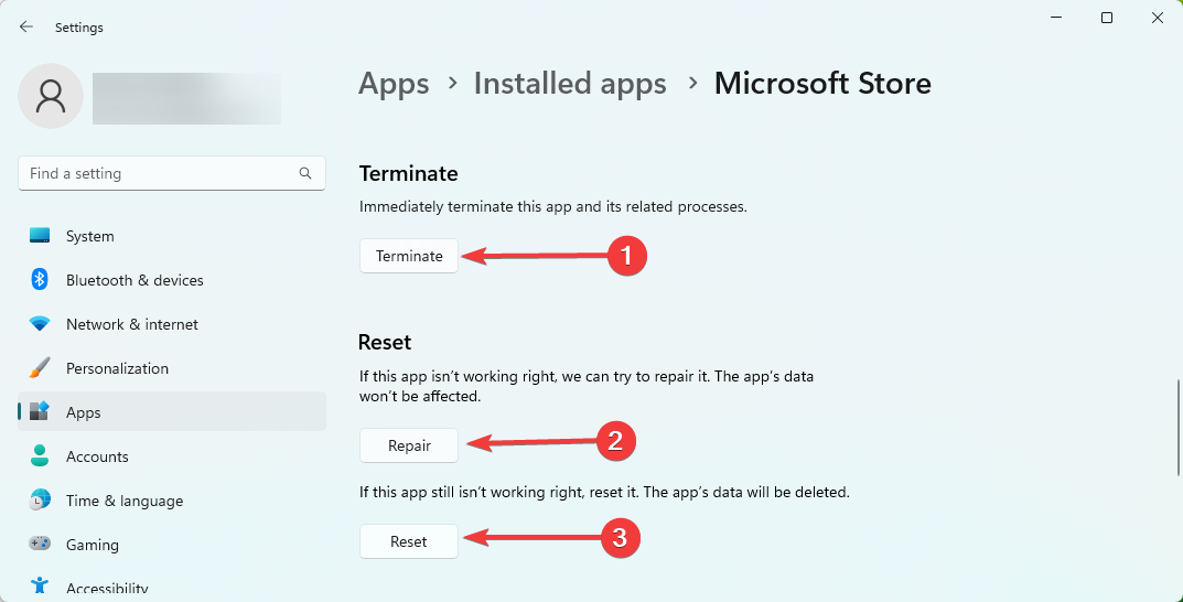 Опции Завершить, Восстановить, Сбросить для Microsoft Store