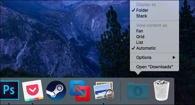 Опции отображения папки в доке: Stack и Folder
