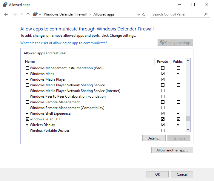 Список разрешённых приложений в брандмауэре Windows Defender с отмеченным Steam