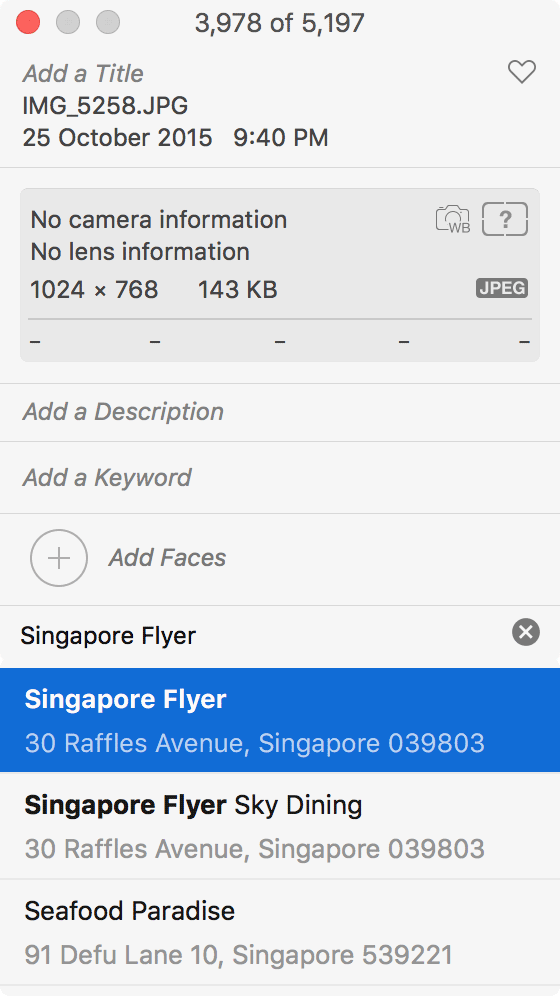 Результаты поиска местоположений и подсказки в Photos