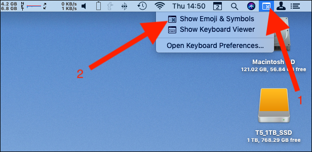 Нажмите значок эмодзи в строке меню и выберите «Показать эмодзи и символы»