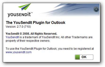 Окно справки/о программе YouSendIt в Outlook