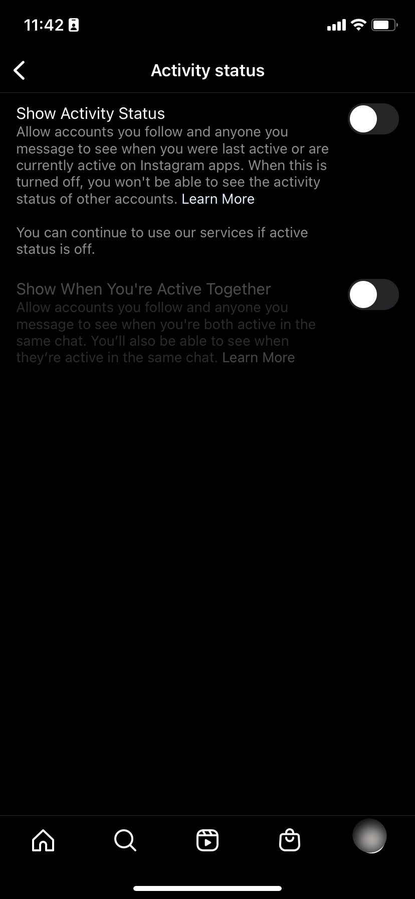 Отключённый статус активности в Instagram