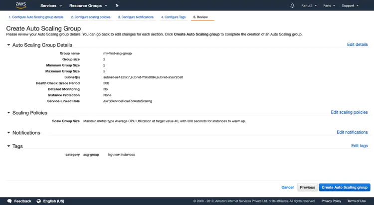 Кнопка создания Auto Scaling Group на странице проверки