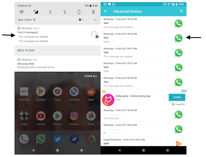 Интерфейс приложения для просмотра журнала уведомлений Android