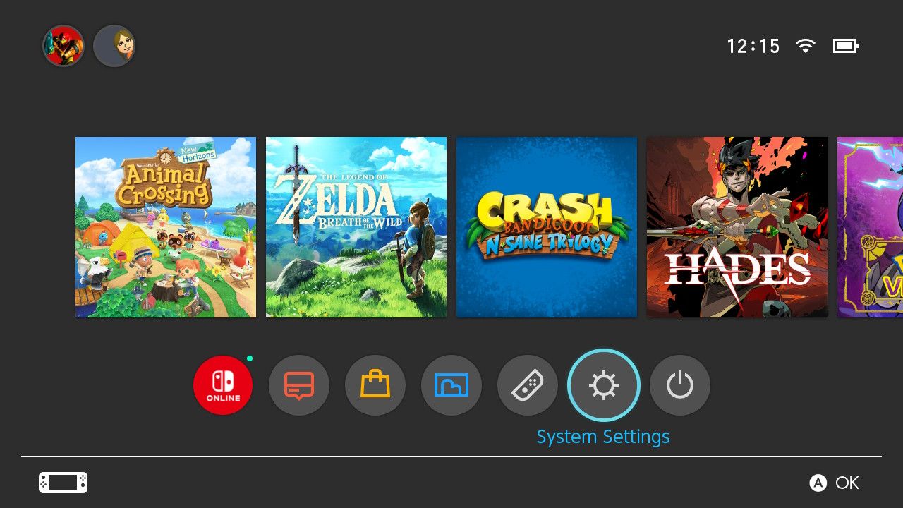 Главный экран Switch с выделенными Настройки системы