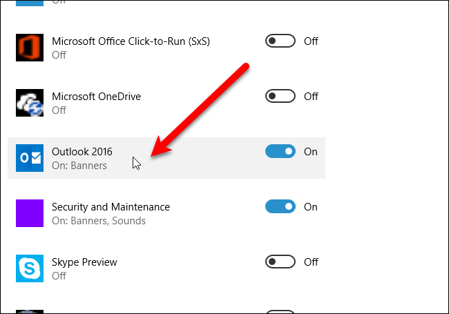 Выбор приложения Outlook 2016 в списке уведомлений