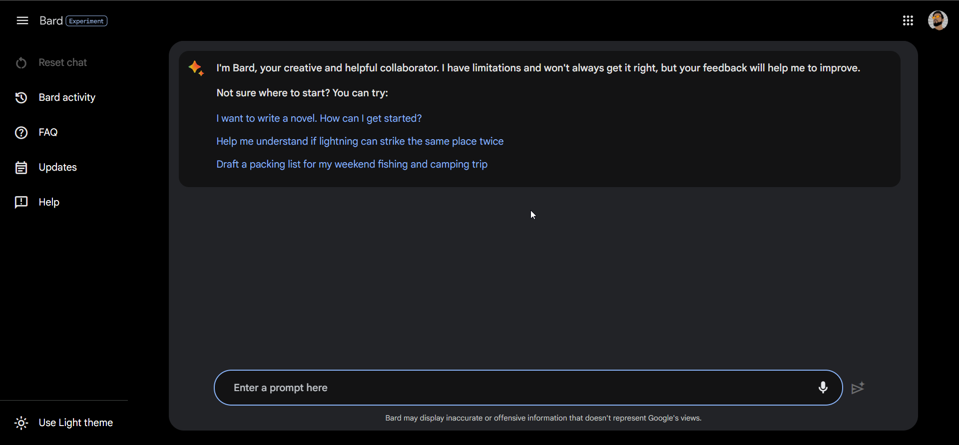 Пример взаимодействия с Bard: поле ввода и ответ бота