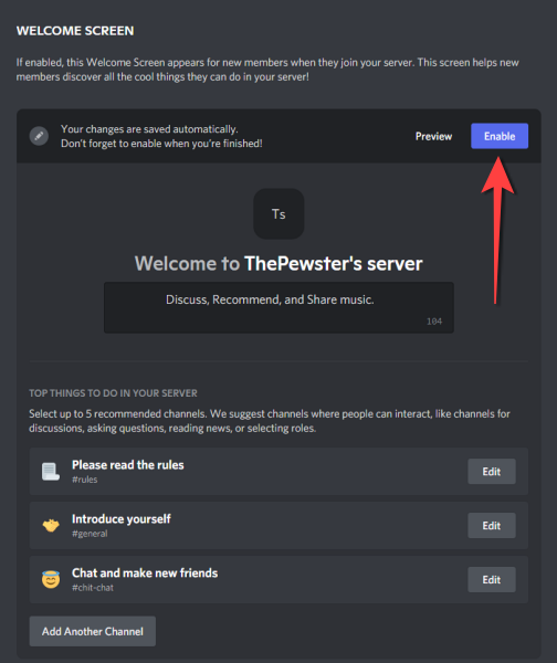 Нажмите Enable, чтобы включить экран приветствия