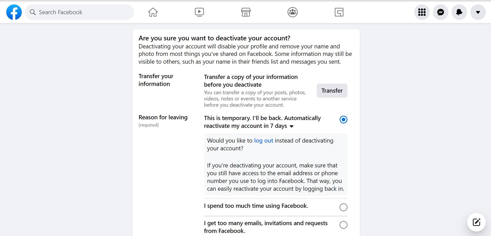 Причина деактивации аккаунта на рабочем столе