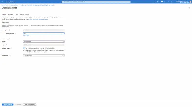 Параметры шифрования при создании снимка