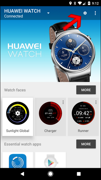 Скриншот: меню приложения Android Wear с настройками устройства