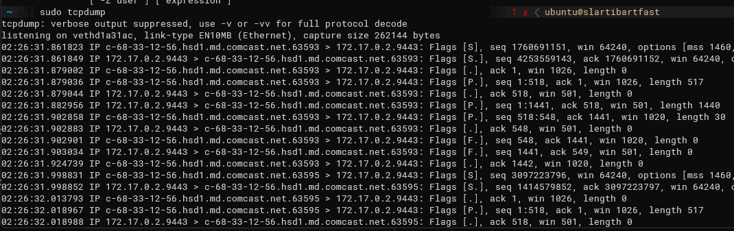 Вывод tcpdump для отладки сетевого трафика на интерфейсе