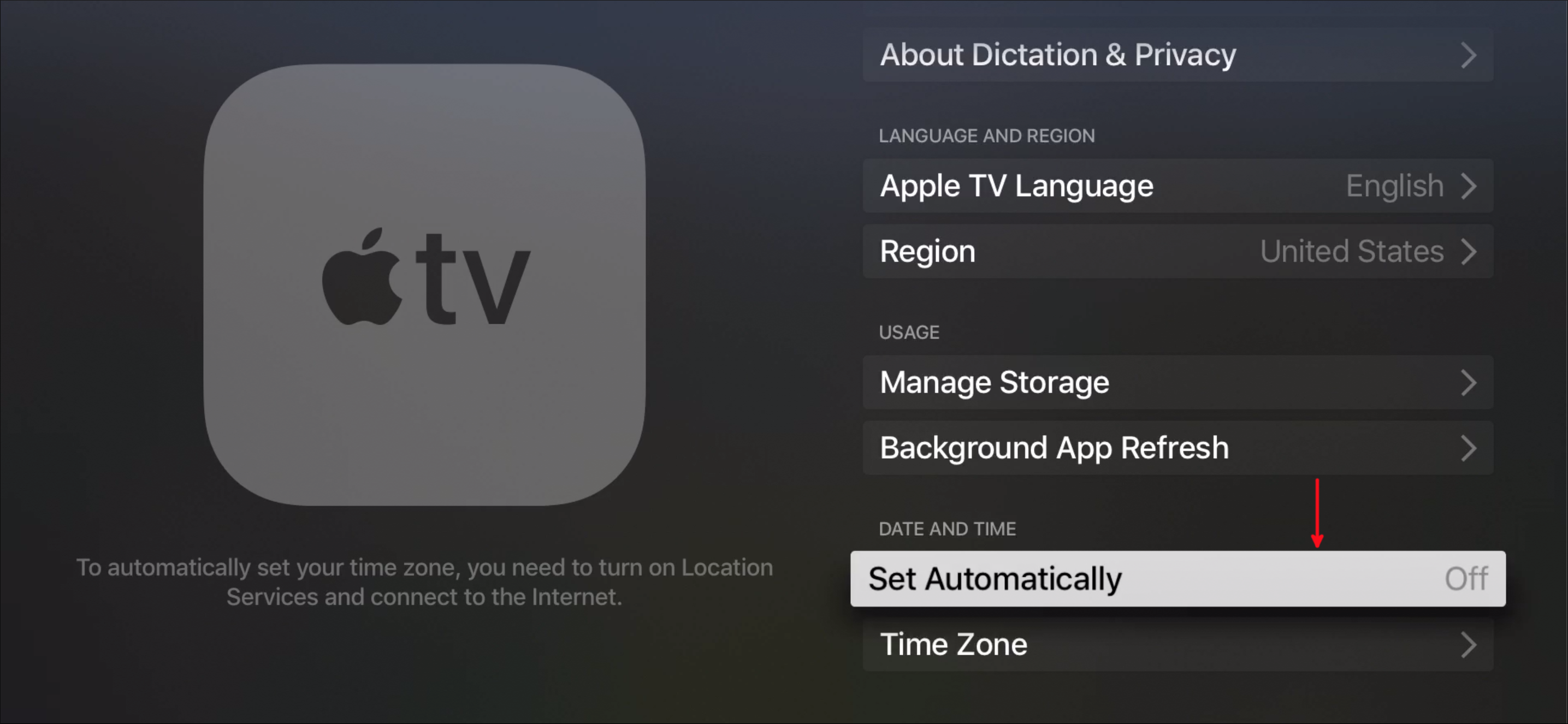 Параметры даты и времени Apple TV