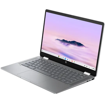 HP Chromebook Plus x360 14b на белом фоне, вид сбоку и крупный план экрана и клавиатуры.