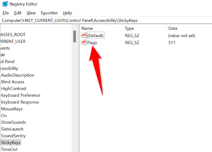Откройте ветку реестра StickyKeys.