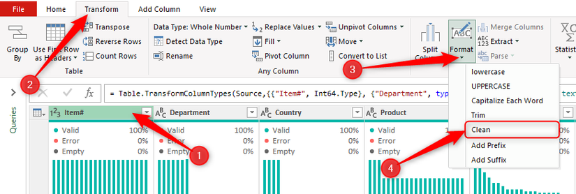 Меню Формат в Power Query: выбран Clean.