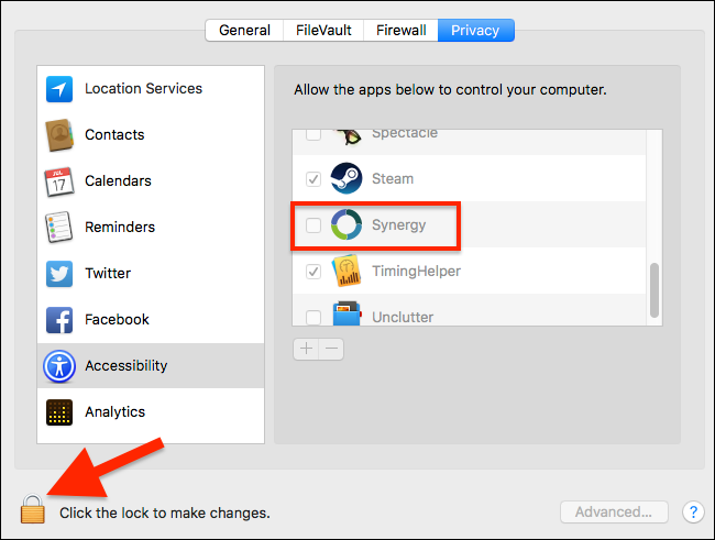 Снимок окна системных настроек macOS с отмеченным приложением Synergy в списке специальных возможностей