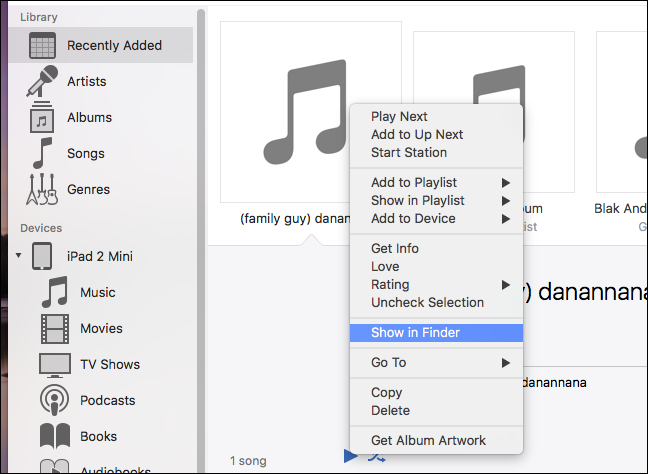Контекстное меню в iTunes с 'Show in Finder'