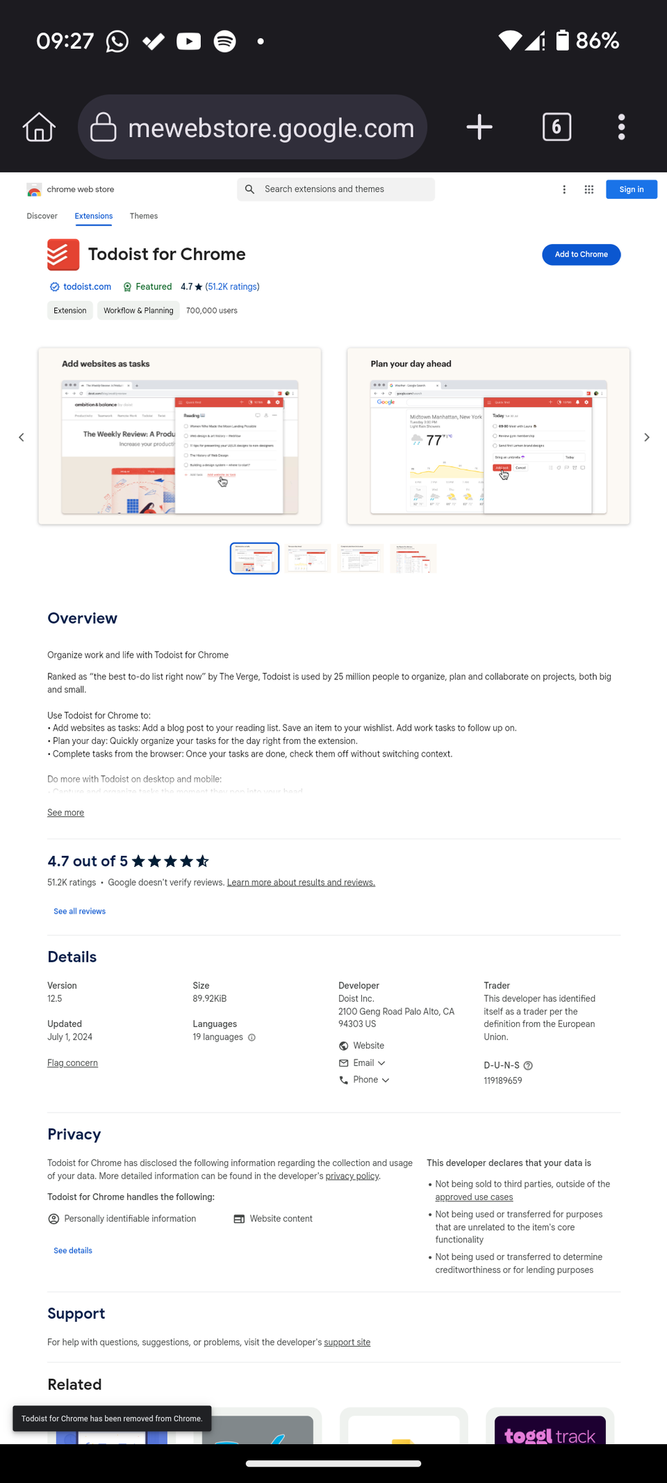 Страница расширения Todoist в Chrome Web Store