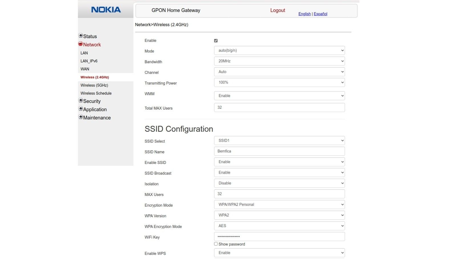Nokia G-140W-H modem router combo home screen wireless 2.4ghz settings
