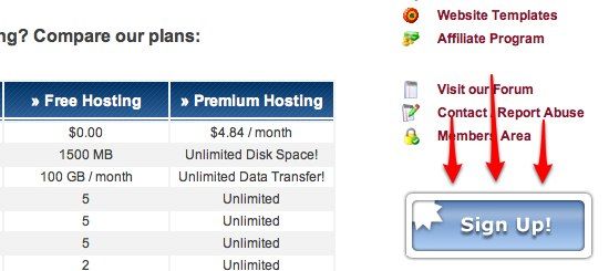 Форма регистрации хостинга и пример панели 000webhost