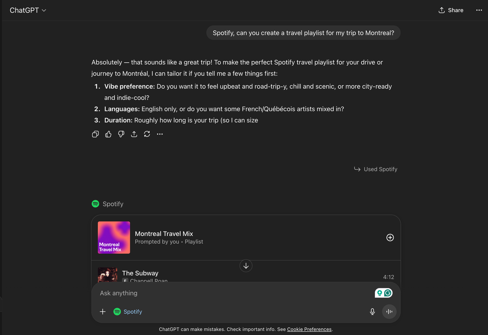 Пример подсказки в ChatGPT, вызывающей опцию подключения Spotify.