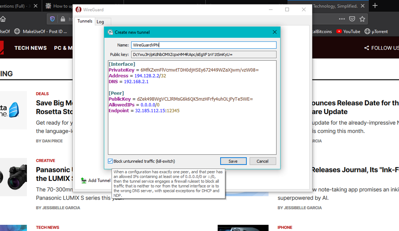 Вкладка конфигурации клиента WireGuard, опция блокировки нетуннелированного трафика