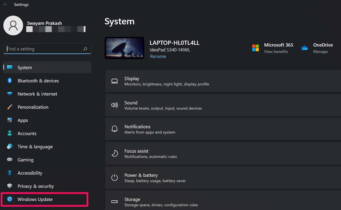 Cliquez sur Windows Update