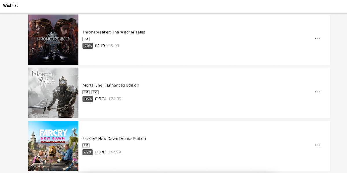 The wishlist section of the Playstation web-browser