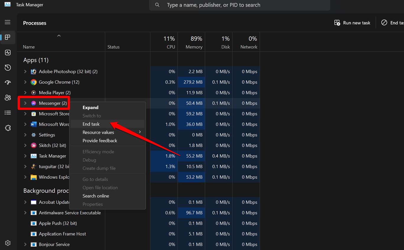 Завершение работы приложения Messenger в Диспетчере задач