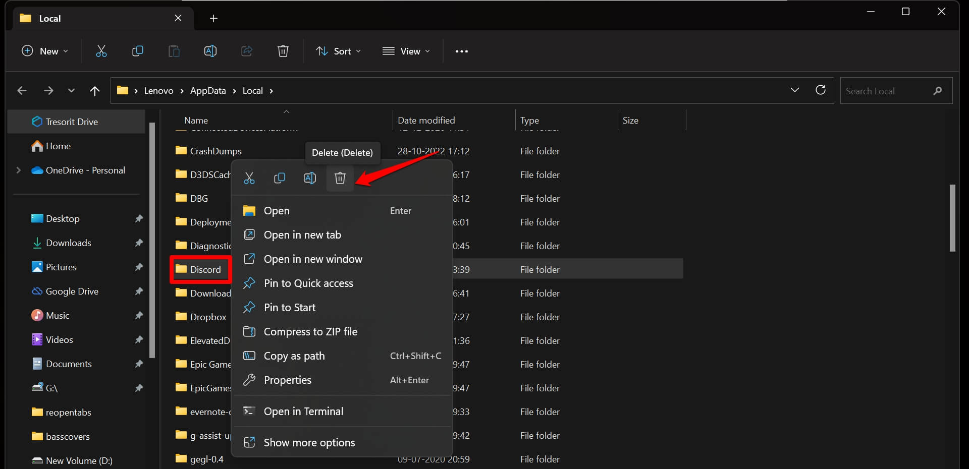 Eliminar carpeta AppData de Discord