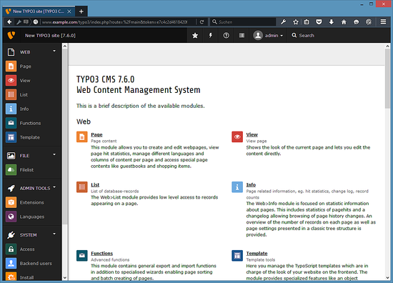 Администраторский интерфейс TYPO3 7.