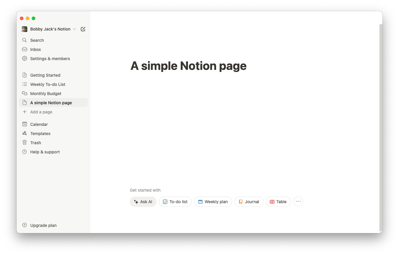 Поле создания новой страницы Notion