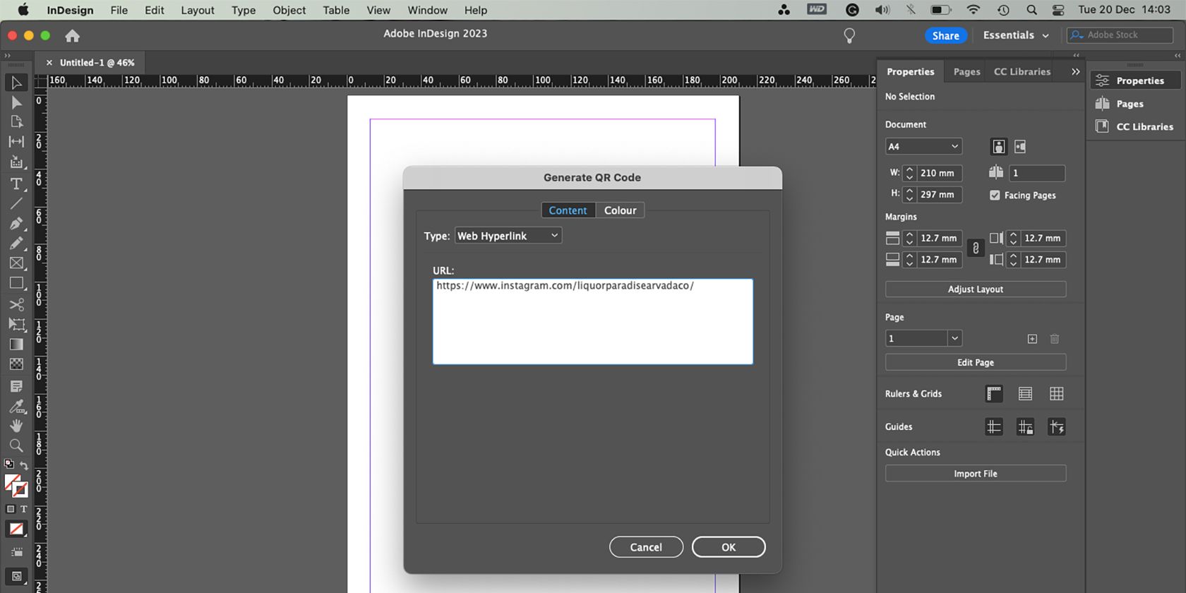 Окно генерации QR-кода в Adobe InDesign с настройками типа Web Hyperlink