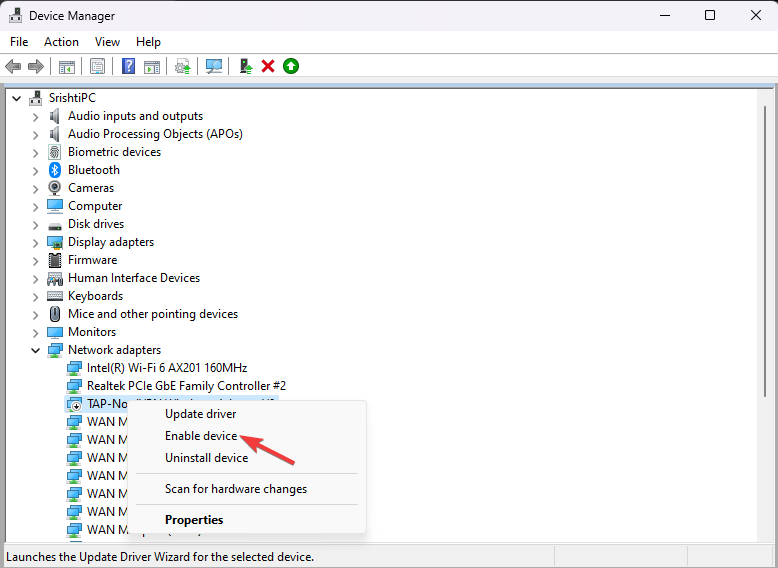 Включение сетевого адаптера в Диспетчере устройств