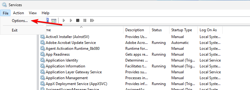 Окно Службы с выделенным меню Параметры