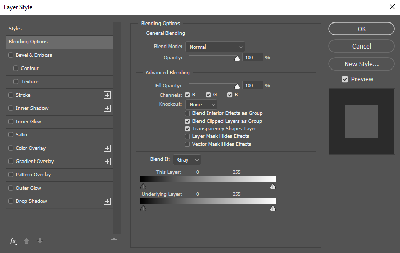 Окно Blend If в Photoshop с настройками смешивания по яркости