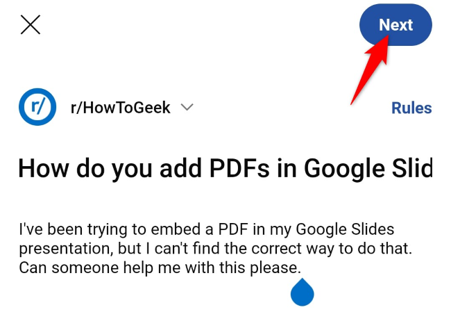 Кнопка Далее в правом верхнем углу при создании поста