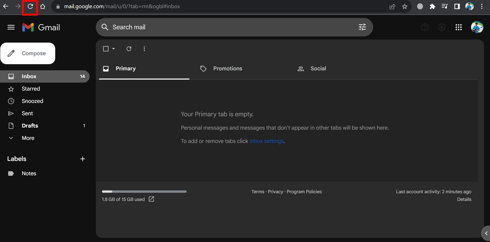 Кнопка перезагрузки вкладки браузера