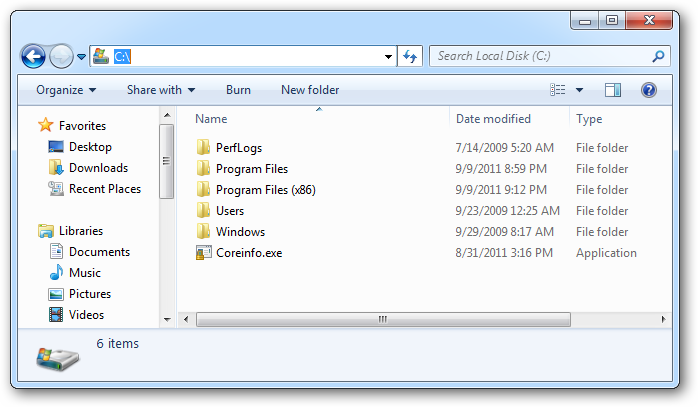 Снимок: распакованный Coreinfo в корне диска C