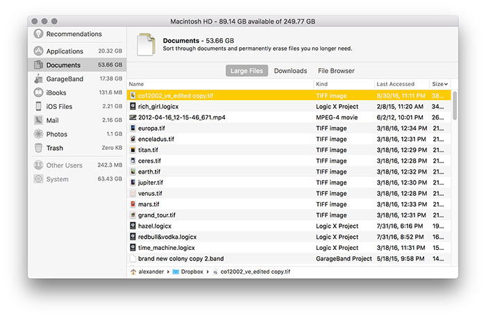 Список документов по размеру в окне управления