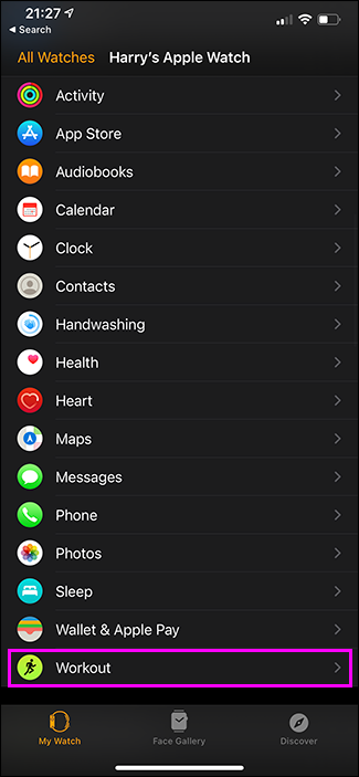 выбор тренировки в приложении Watch на iPhone