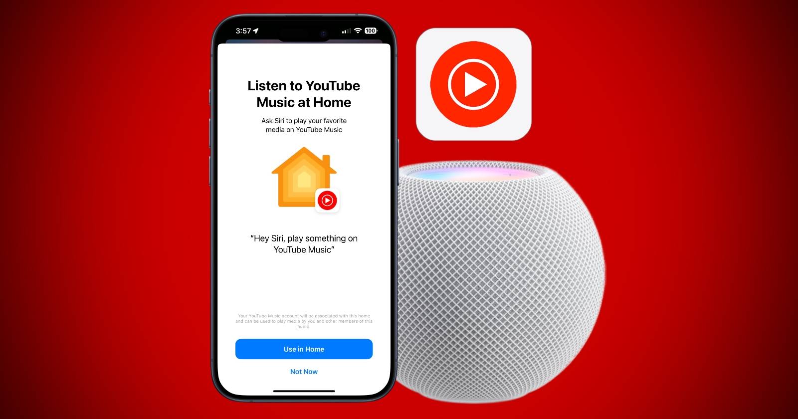 Интерфейс YouTube Music и HomePod Mini на красном фоне