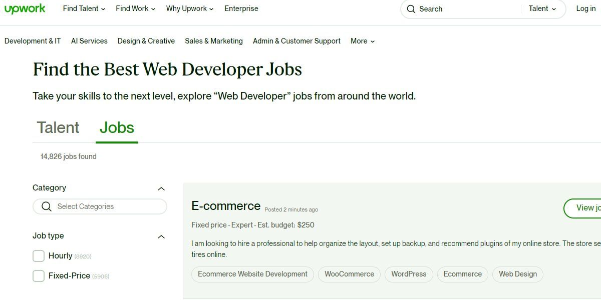 Список вакансий разработчика на Upwork