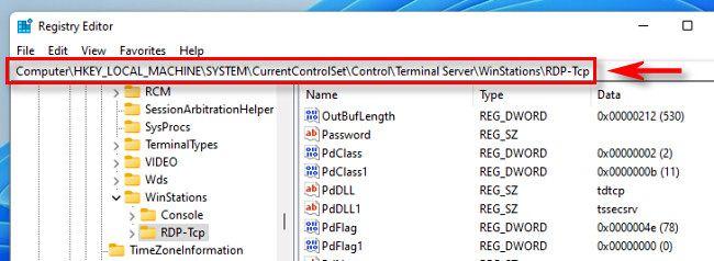 Навигация к ключу реестра RDP-Tcp